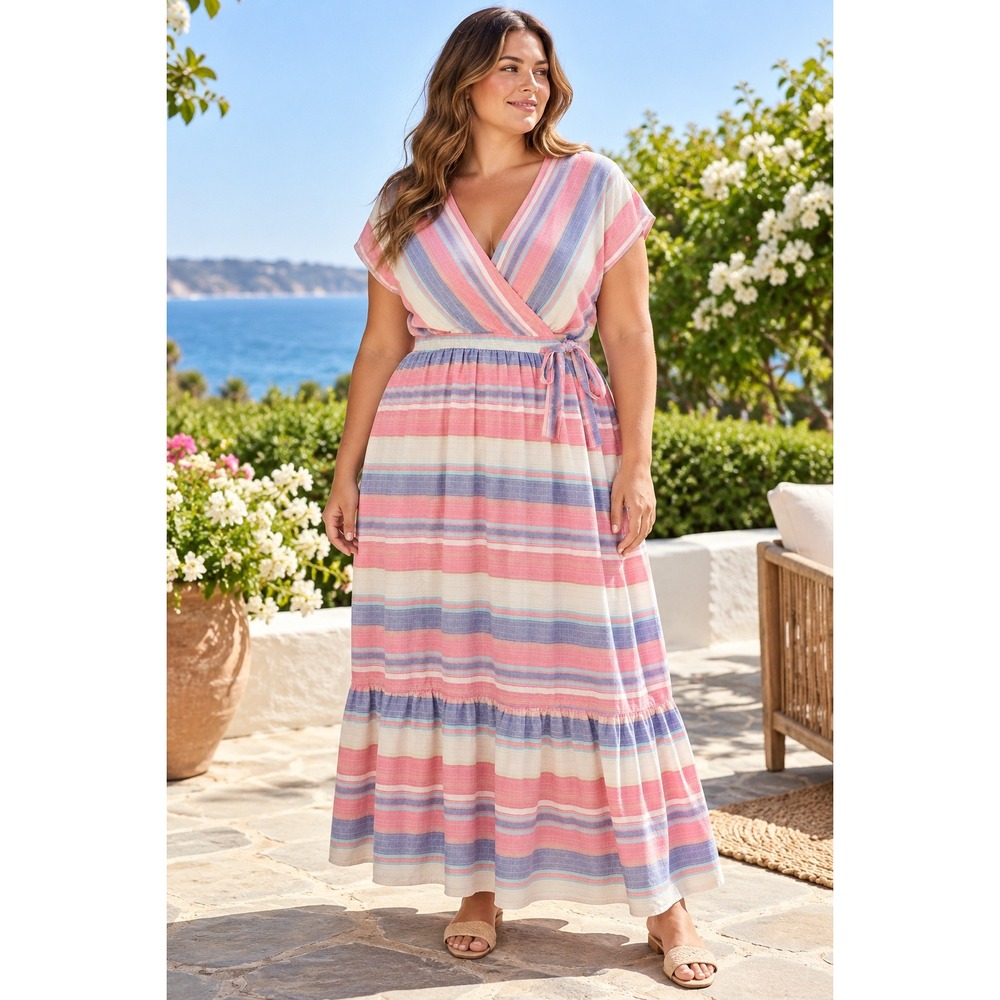 All in Favor Pink Blue Striped Tiered Wrap Maxi Dress Large ID3416-FCI